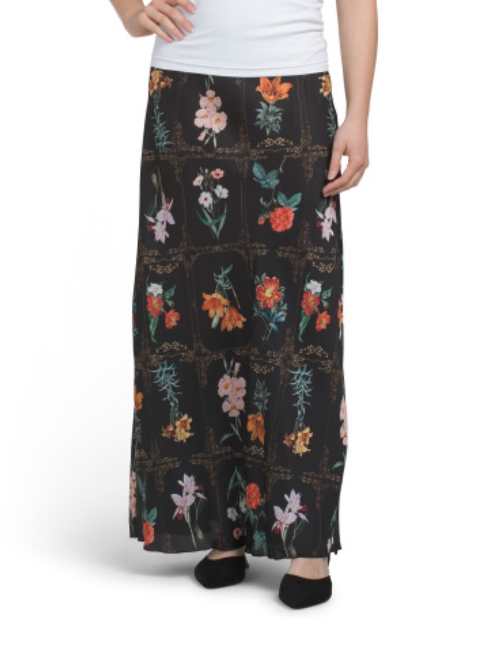 TASH & SOPHIE Black Botanical Satin Pull On Satin Maxi Ruffle Trim M Skirt NEW